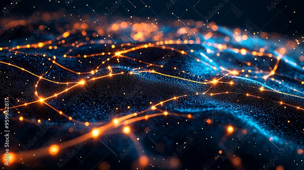 Poster an abstract background of orange glowing lines intertwined with blue bokeh lights, creating a futuri