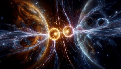 a cosmic resonance between two distant planets connected by shimmering energy lines