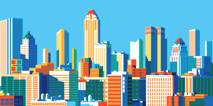 Cityscape overlooking high-rise corporate buildings in the commercial and financial center and luxury condominiums in the city center. Handmade drawing vector illustration. Pop art style poster.