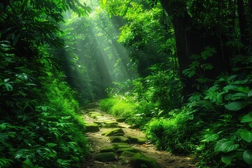 Obraz premium A serene forest path illuminated by sunlight filtering through lush green foliage, creating a peaceful and tranquil atmosphere.