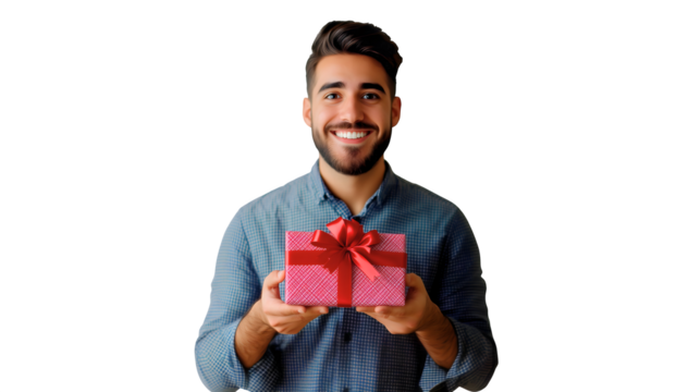 smiling sympathic handsome brunette man holding a red gift in his hands; guy looking directly;concept of celebration: birthday, anniversary; white background
