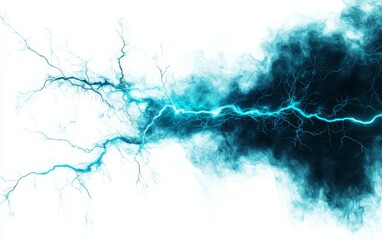 Abstract branching lightning bolt with electric blue hues, isolated on a white background, perfect for energy and power concepts