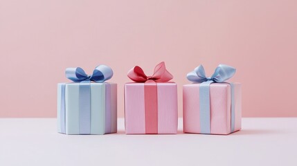 Obraz premium Colorful gift boxes are arranged on a white table with a soft pink background, leaving ample space for replicas to create a festive theme and highlight the joy and festive atmosphere of gift giving.