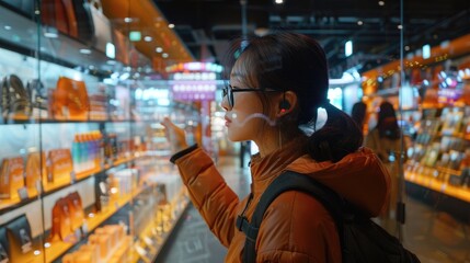 Obraz premium A woman in a brown jacket is shopping, looking at display items in a brightly lit store with glass cabinets.