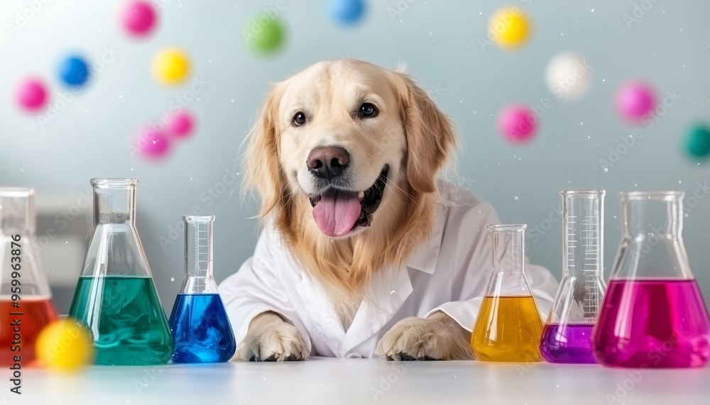Wall mural golden retriever in a lab coat surrounded by colorful science beakers, conducting experiments in a p