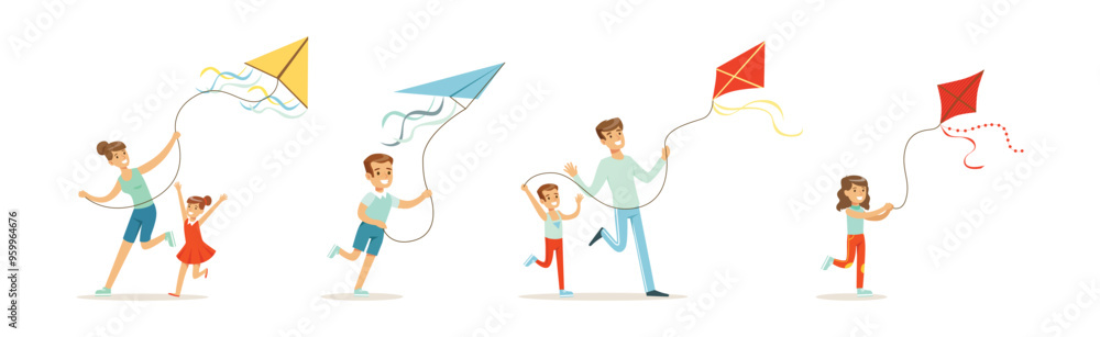 Poster parent and kid flying kite with string in the air vector set