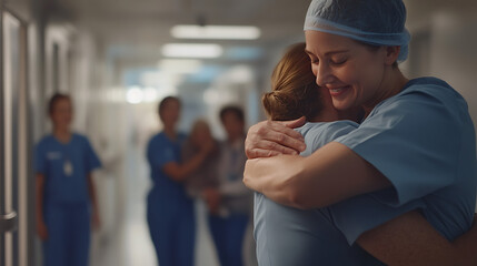 Doctor in Scrubs Receiving a Heartfelt Hug in Hospital Corridor