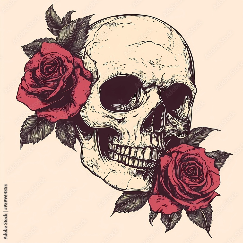 Wall mural Skull head with roses vintage illustration. vector illustration