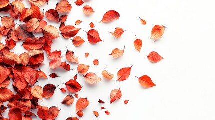 The autumn leaves gently fall from above, with a pure white background, forming a minimalist and peaceful composition that highlights the beauty of simplicity and nature.