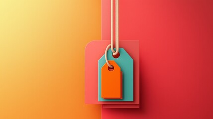 Colorful price tags hanging against a vibrant dual-tone background. Concept of retail and marketing.