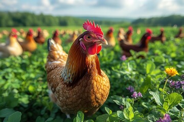 freerange chickens with vibrant plumage roaming idyllic countryside showcasing organic farming practices and natural egg production