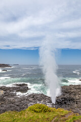 A powerful jet of water erupts from the Little Blowhole in Kiama, New South Wales, Australia, against a backdrop of blue sky and crashing waves.