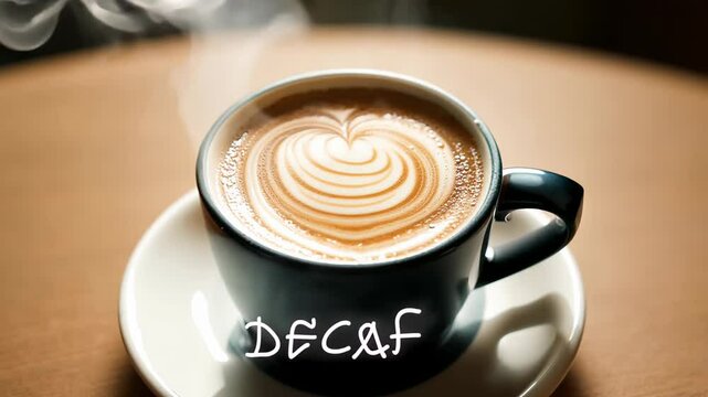 cup of decaf coffee with latte art, set on a table, creating a warm and cozy atmosphere.