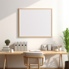 Minimalist home office desk with a framed poster, a chair, and office supplies.  Sunlight streams in.  A plant adds a touch of nature.