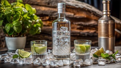 close up view of bottle of vodka with glasses