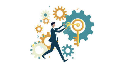
Flat vector key solution for running business projects, strategy or way to run a successful businessman opens control center using big golden key