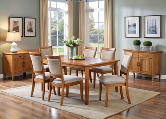 Fototapeta premium * This modern dining room furniture set combines comfort and style, featuring clean lines, a warm wood finish,