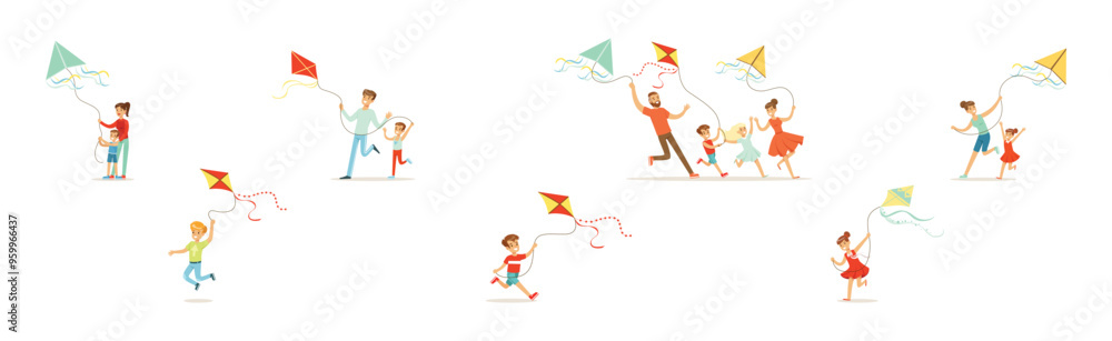 Poster parent and kid flying kite with string in the air vector set