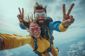 A skydiver with his arm outstretched, showing the peace sign to the camera.While holding an attractive woman in his arms. She is wearing red goggles.