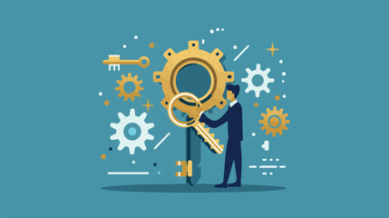 
Flat vector key solution for running business projects, strategy or way to run a successful businessman opens control center using big golden key