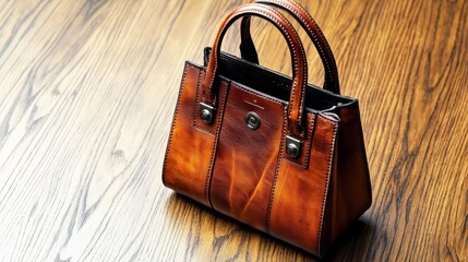 The elegant luxury leather handbag is placed on a dark wooden surface and displayed under cold light. The minimalist design highlights the nobility and luxury of the product