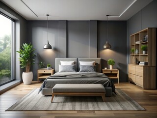 Fototapeta premium Tranquil graphite grey bedroom features sleek modern furniture and gentle natural light pouring in from large windows.