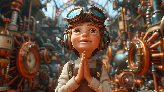A happy 3D cartoon engineer character with hands in a prayer pose, set against a backdrop of detailed, high-resolution mechanical gadgets and a vibrant, joyful atmosphere 