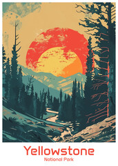 Yellowstone National Park Poster Illustration Travel Print Decor Gift Paper Canvas Wall Retro Art