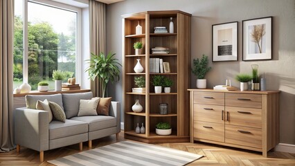 Fototapeta premium Transform your space with this corner storage unit, boasting shelves, drawers, and a cleverly concealed compartment to