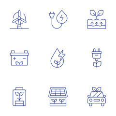 Green energy icons set. Thin Line style, editable stroke. green house, green vehicle, green power, plug, water energy, geothermal energy, battery, ecology and environment, eco battery
