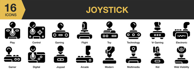 Joystick solid icon set. Includes arcade, control, digital, electronic, flight, and More. Solid icons vector collection. © spacepixel