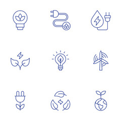Green energy icons set. Thin Line style, editable stroke. green energy, sustainability, plant, save energy, wind energy, environment, eco energy, hydro power
