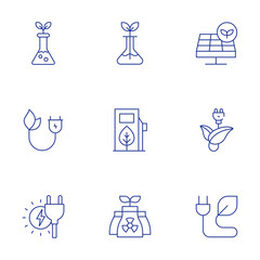 Green energy icons set. Thin Line style, editable stroke. charge, laboratory, eco fuel, ecology, bio energy, green energy
