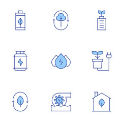 Green energy icons set. Line Duotone style, editable stroke. biomass energy, hydrogen, green house, hydraulic energy, energy, hydro power, eco battery