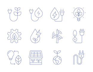 Green energy icons. Thin Line style, editable stroke. plant, wind energy, hydro power, green house, green power, water energy, green energy, ecology, power plug, biomass energy, lightbulb