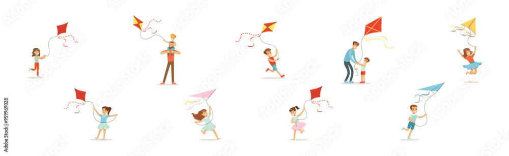 Poster parent and kid flying kite with string in the air vector set
