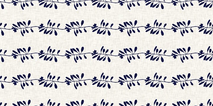 Indigo denim blue leaf motif seamless border. Japanese dye batik fabric style effect print edging swatch. 