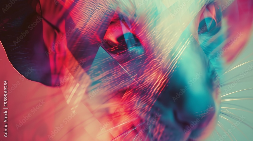 Poster an abstract close-up of a cat's face with vibrant red and blue light effects creating a surreal and 
