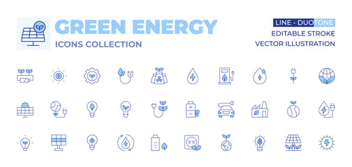 Green energy icons collection. Line Duotone style, editable stroke. eco battery, green energy, idea, ecology, biomass energy, renewable energy, solar energy, light bulb, socket, planet