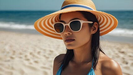 "A woman at the beach practicing UV protection."