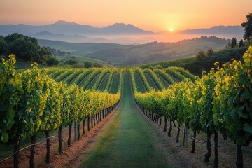 Obraz premium golden hour bathes rolling vineyards in warm light rows of grapevines stretch to misty purple mountains on horizon