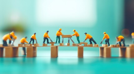Tiny Workers Building a Bridge with Wooden Blocks, Teamwork, Miniature Figures, Construction, Creative Concept