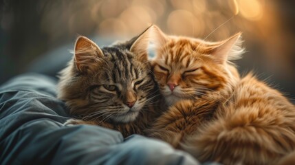 Two cats cuddle together on a soft blanket, basking in warm, golden light. The scene exudes comfort and affection, capturing the peaceful moment of these feline companions in a cozy setting.