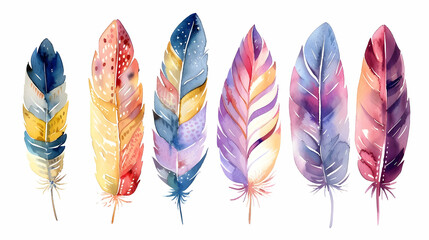 Hand drawn watercolor feather set. Boho style. Watercolour illustration