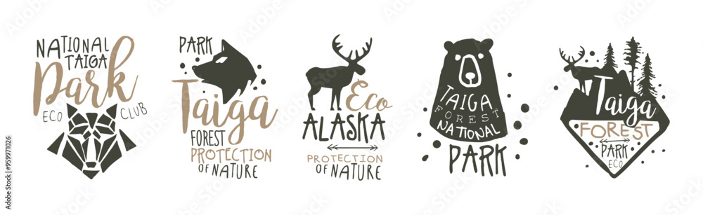 Sticker taiga forest national park eco club labels vector set