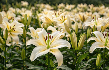 Obraz premium A large field of lilies in full bloom, showcasing the diversity and beauty of these elegant flowers Created with Ai