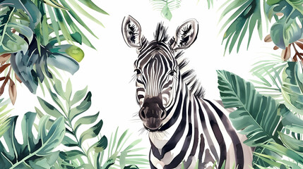 Hand drawn watercolor tropical zebra decoration. Exotic savannah illustrations, zoo jungle tree, brazil trendy art. Perfect for fabric design.