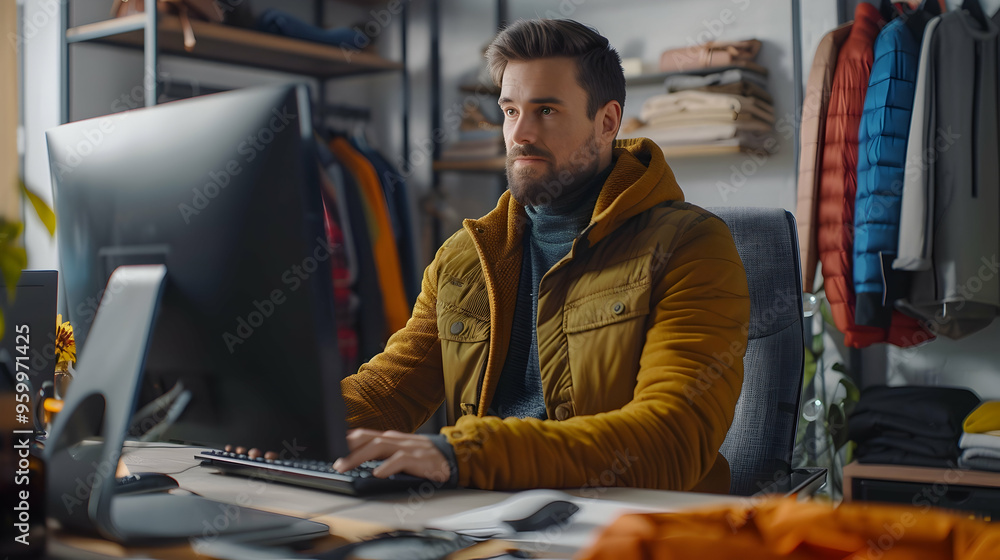 Poster handsome caucasian specialist using desktop computer with clothing online web store to choose and bu