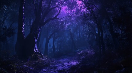 Spooky Forest Path: Twisted Trees, Full Moon Shining Through