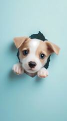 Curious expression of a puppy through a blue background